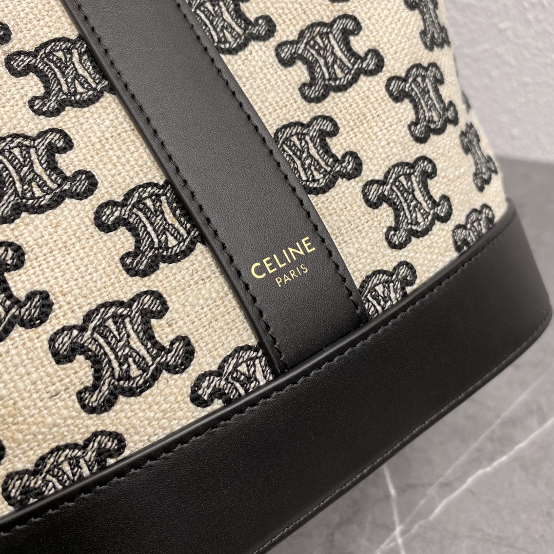 Celine Small Bucket Shoulder Bag In Triomphe Canvas And Calfskin Black/Tan 191442